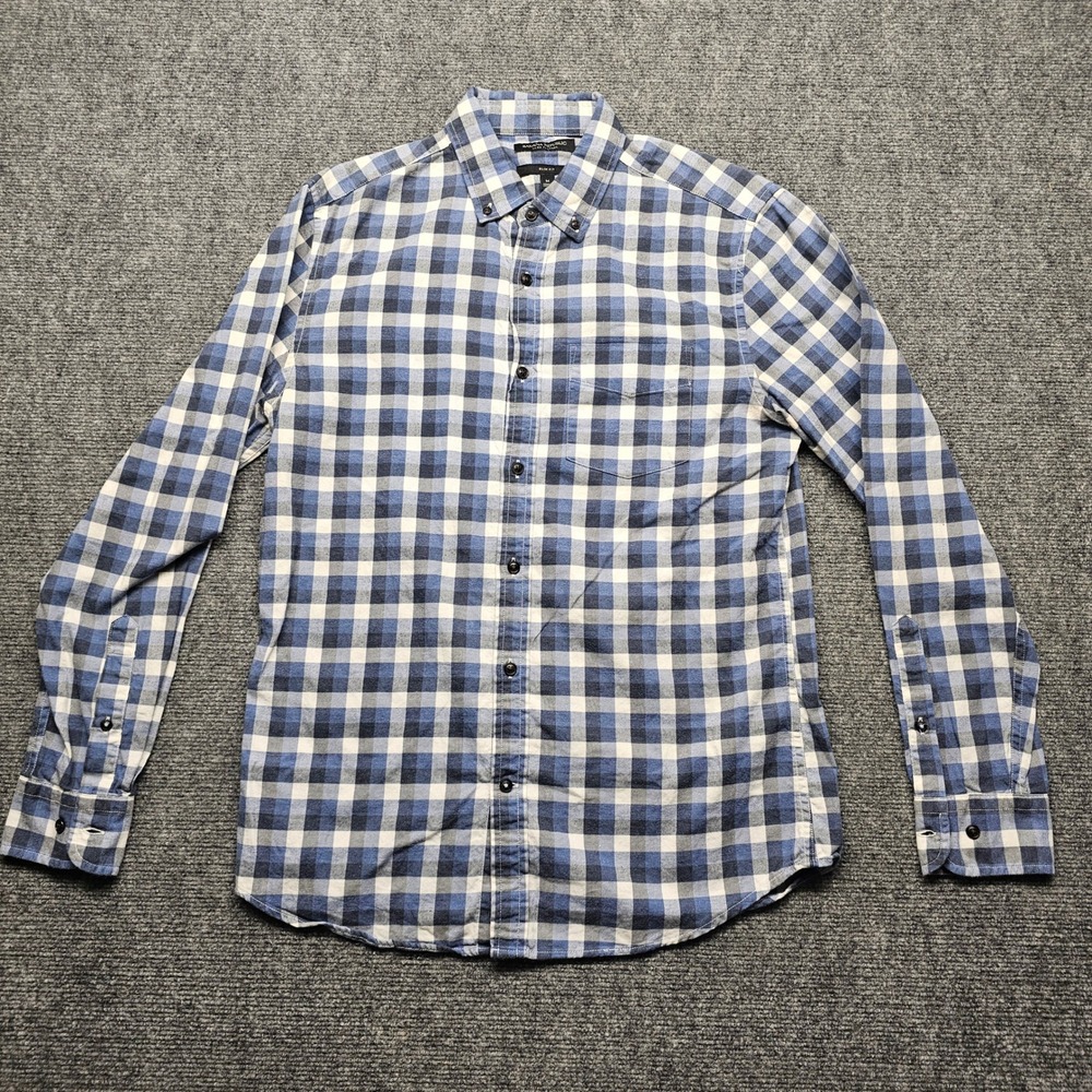 Banana Republic Luxe Flannel Shirt Mens Medium Slim Fit Blue White Gingham Plaid